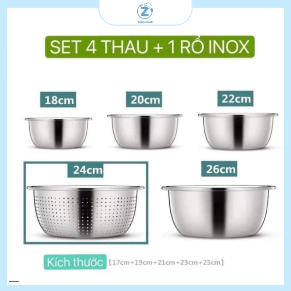 Bộ Thau Rổ Inox 5 Món Nhà Bếp Tiện Dụng - Cao Cấp - Ảnh 5